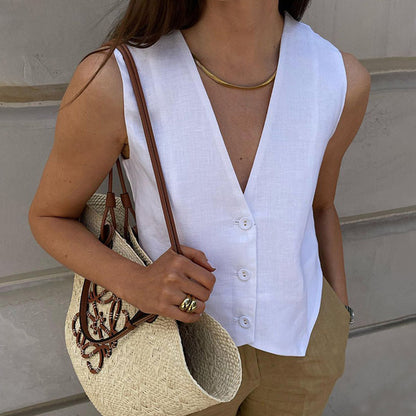 Women's Linen Sleeveless Waistcoat Trousers Two-piece Set Suits