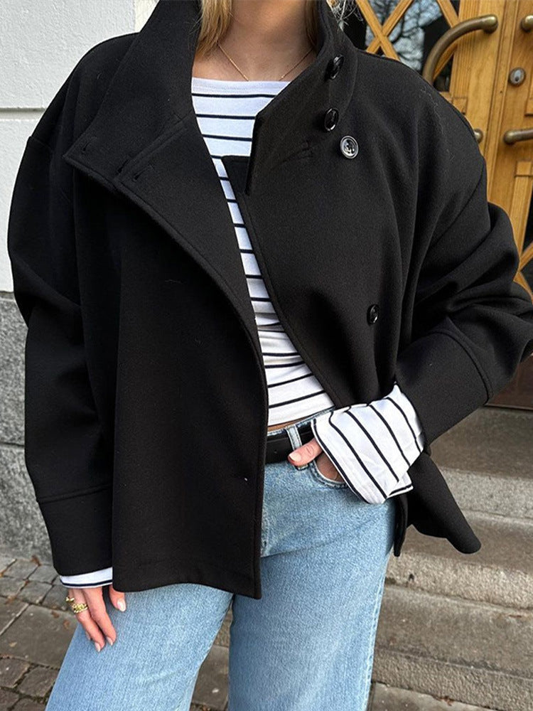 Women's Elegant Stand Collar Button Long-sleeved Woolen Coats