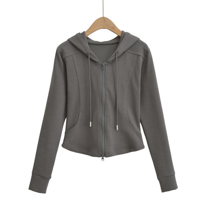 Autumn Fashion Simple Style Double Zipper Hooded Drawstring Tops