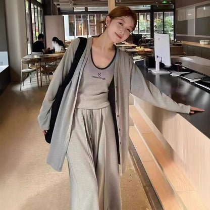 Embroidered Letter Wide Leg Three-piece Set Coats