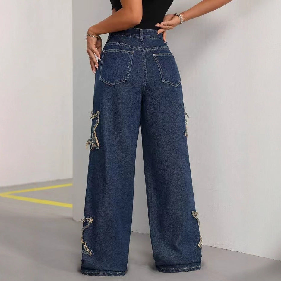Women's Patch Pentagram Tassel Loose Burrs Straight Jeans