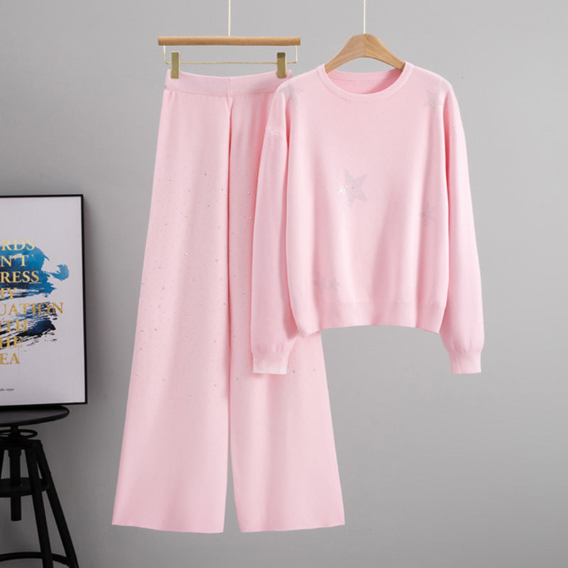 Women's Autumn Elegant Rhinestone Loose Wide Leg Suits