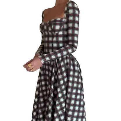 Women's Collar Plaid Long Sleeve Slim Fit Dresses