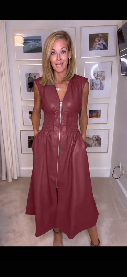 Women's French Dress Retro Sleeveless Leather Zipper Dresses