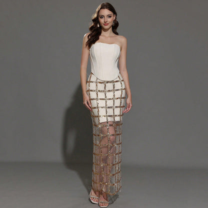 Women's Mesh Bandage Stitching Sexy Tight Maxi Dresses