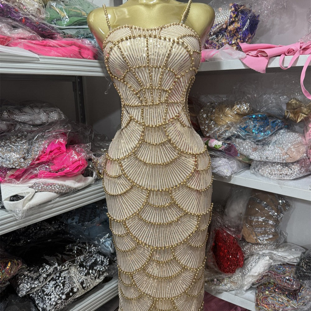 Sequin Bead Waist Hollow Suspender Dress Birthday Dresses