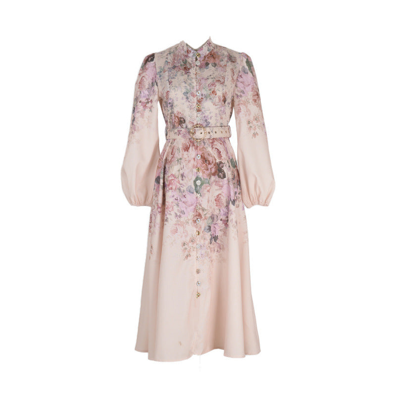 Style Stand-up Collar Puff Sleeve Single-breasted Positioning Dresses