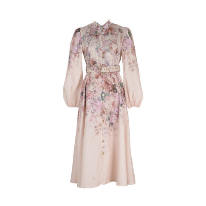 Style Stand-up Collar Puff Sleeve Single-breasted Positioning Dresses