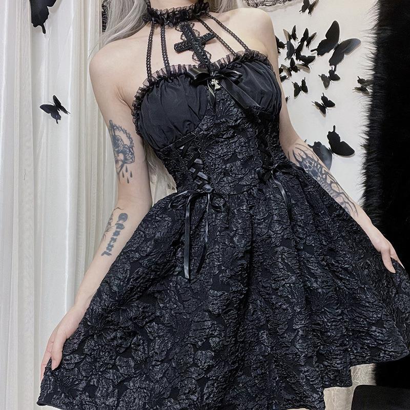 Women's Halloween Dress Winter Personality Cross Halter Dark Dresses