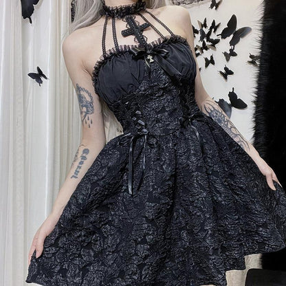 Women's Halloween Dress Winter Personality Cross Halter Dark Dresses