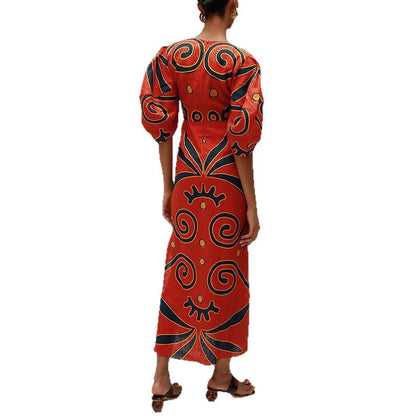 Positioning Printed Linen Dress Casual Vacation Dresses