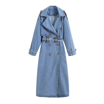 Women's Loose Double Breasted With Belt Denim Coats