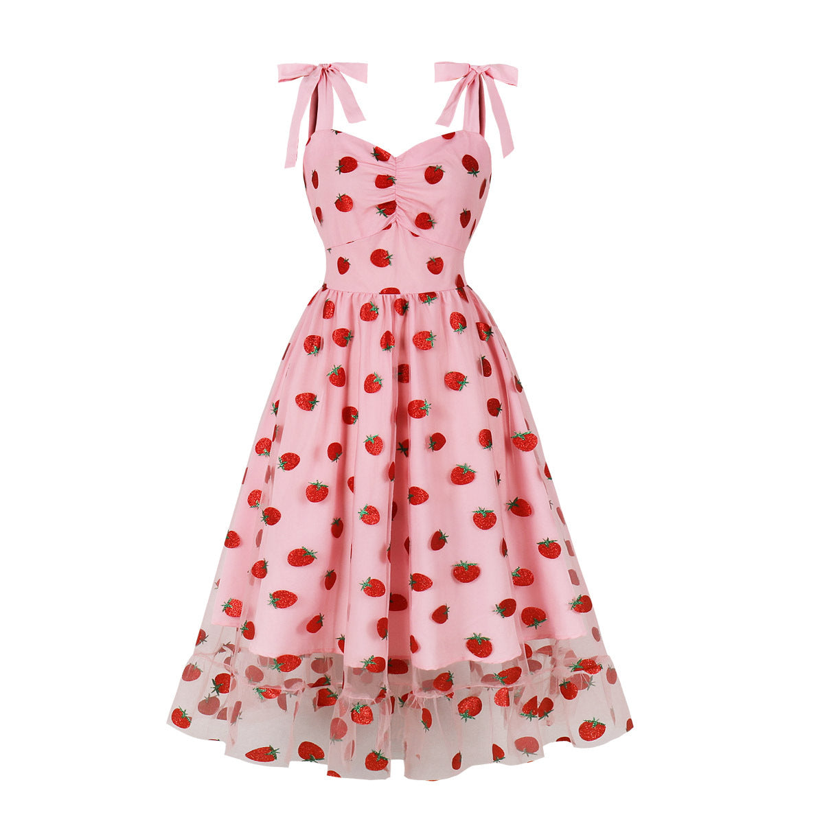 Strawberry Printed Slimming Mesh Tube Hepburn Style Dresses