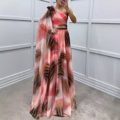 Chiffon Printed Sloping Shoulder Dress Casual Dresses