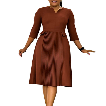 Women's Solid Color Fashion Pleated Sleeve African Dresses