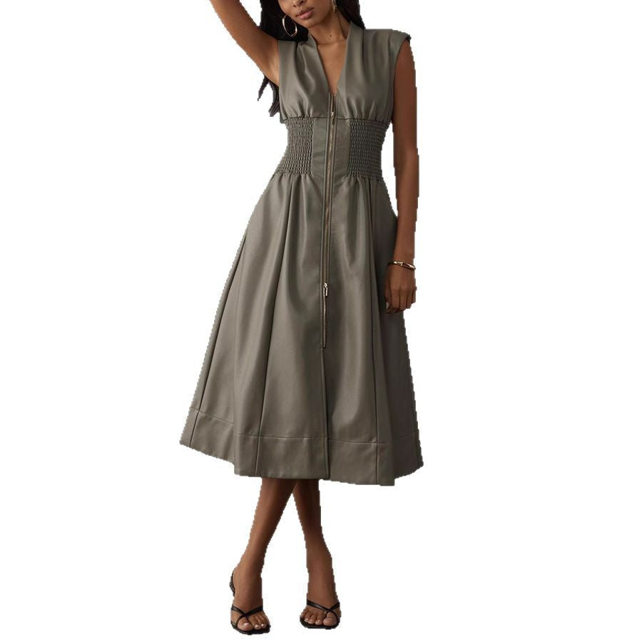 Women's French Dress Retro Sleeveless Leather Zipper Dresses