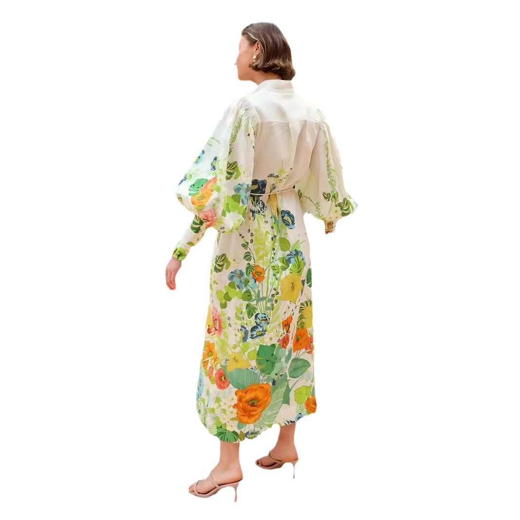 Single-breasted Long Lantern Sleeve Iti Printing Dresses