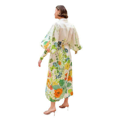 Single-breasted Long Lantern Sleeve Iti Printing Dresses