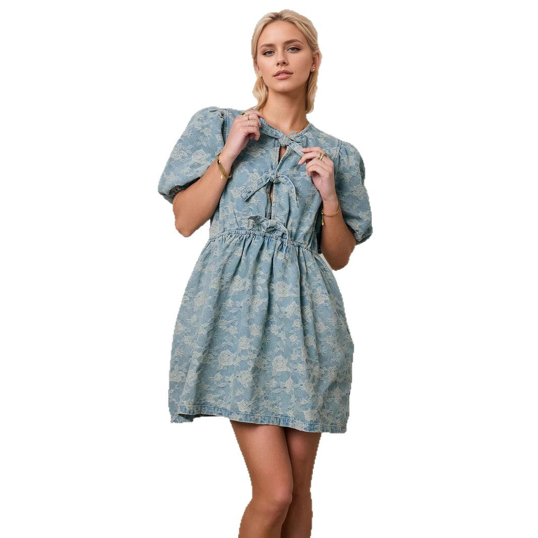 Women's Fashion Sweet Denim Blue Puff Sleeve Design Flower Drawstring Dresses