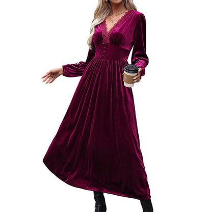 Classy Solid Color Veet Long-sleeved Dress Dresses