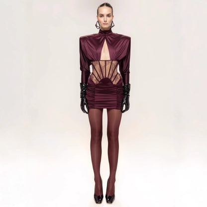 Pure Desire Lace Fishbone Hollow Long Sleeve Pleated Dresses