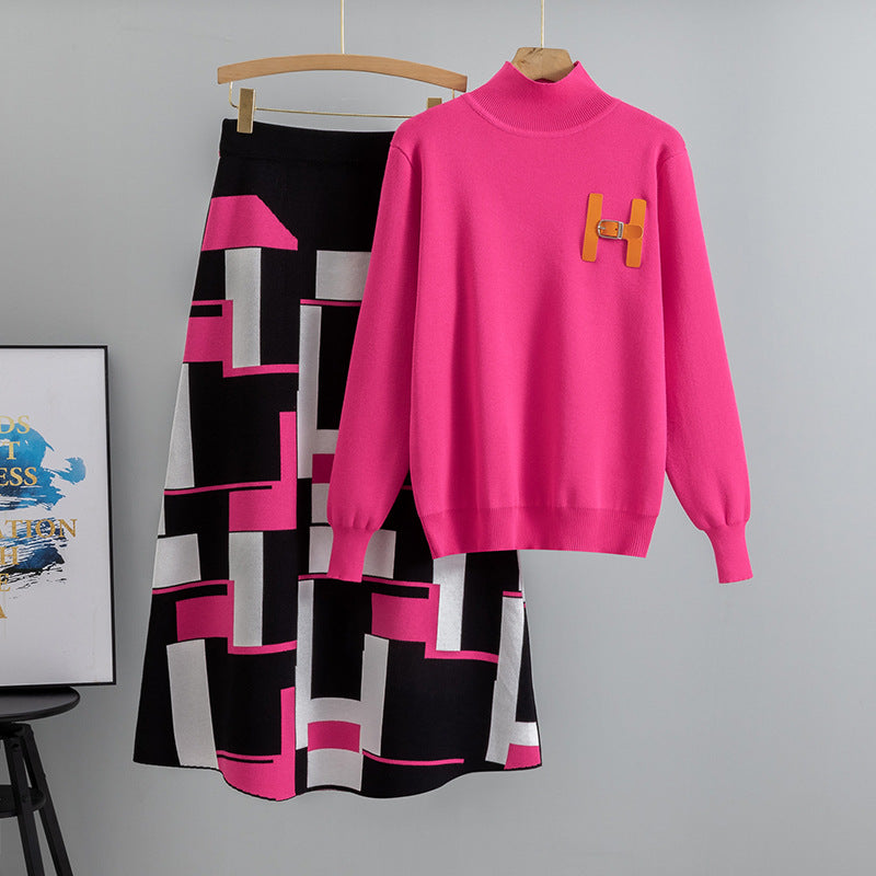 Women's Contrast Color Design Knitted Two-piece Set Suits