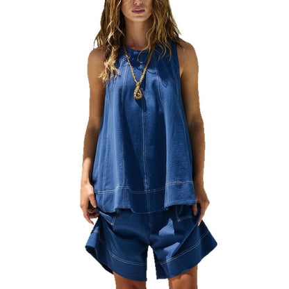 Women's Casual Loose Pockets Sleeveless Tank Denim Suits