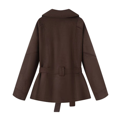 Women's Suede Texture Waist Trimming Lace Up Coats