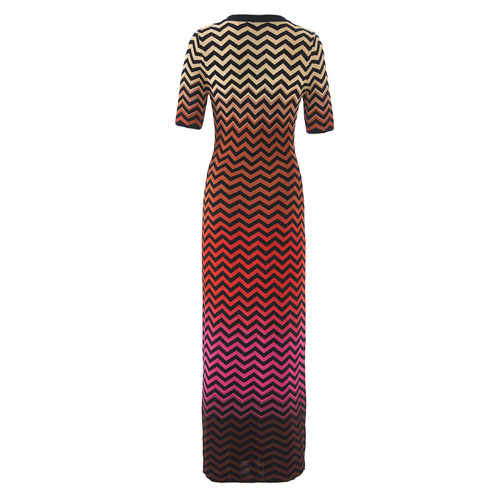 Stripe Wave Pattern Gradient Knitted Dress Contrast Dresses