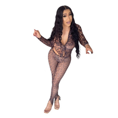Leopard Mesh Floral Print High Elastic Suits
