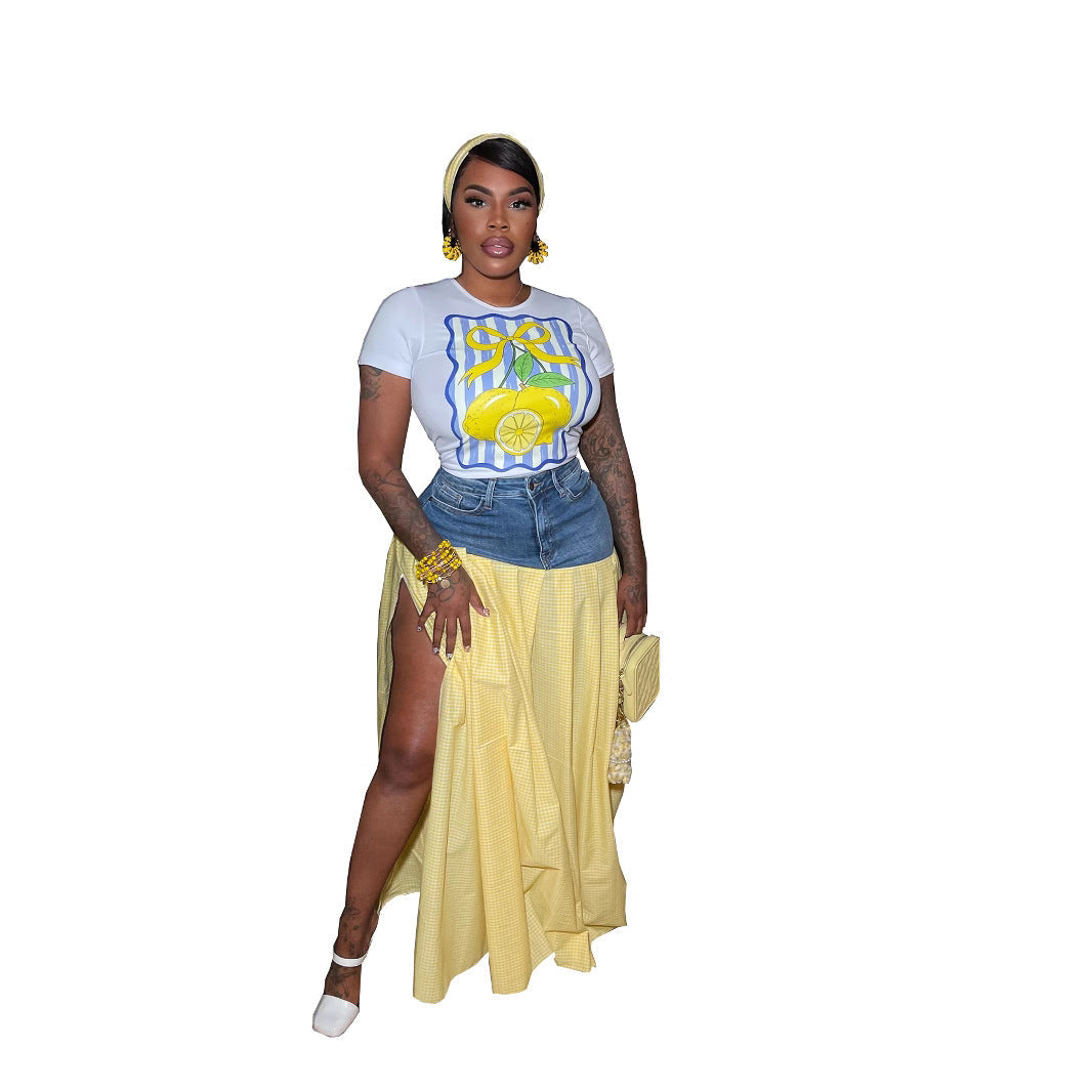 Women's Sexy Fashion Hot T-shirt Denim Stitching Suits