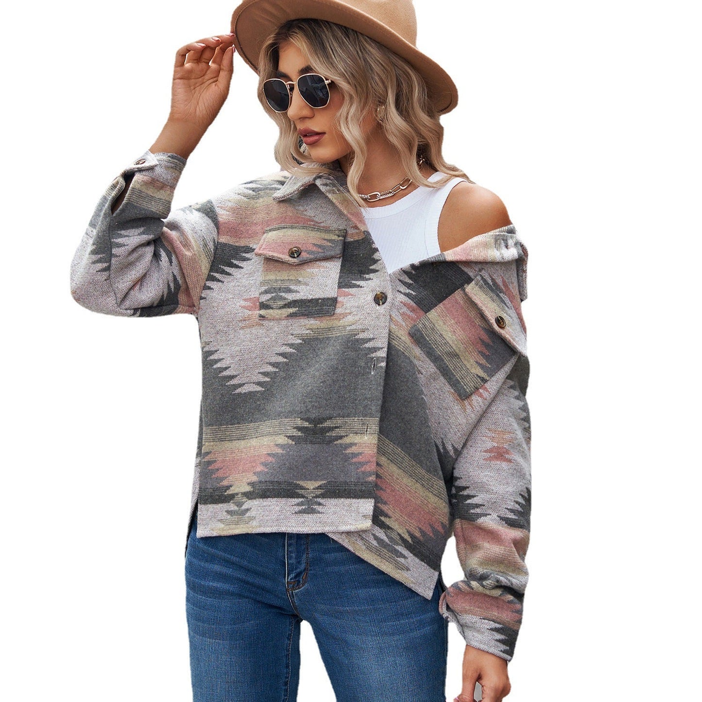 Women's Geometric Pattern Loose Lapels Pocket Button Coats