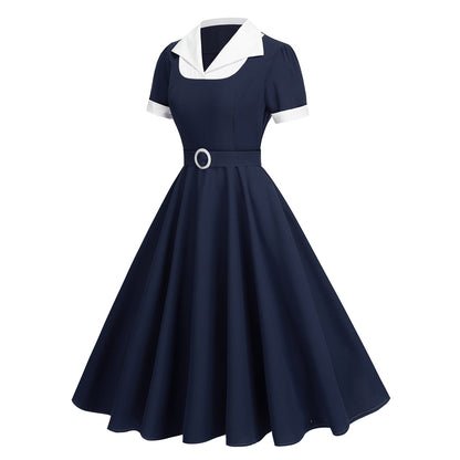 Elegant Contrast Color Lapels Commuter Fake Two-piece Large Dresses
