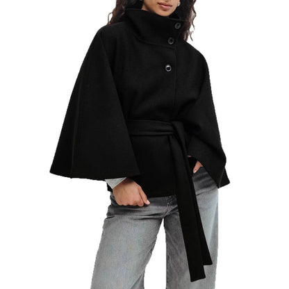 Women's Color Cloak Stand Collar Button Belt Coats