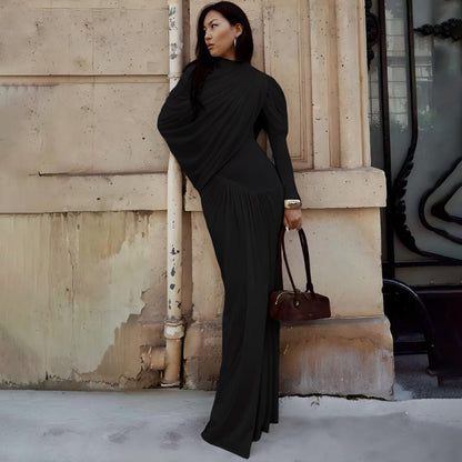 Women's Neck Waist Trimming Pleated Long-sleeved Dress Dresses