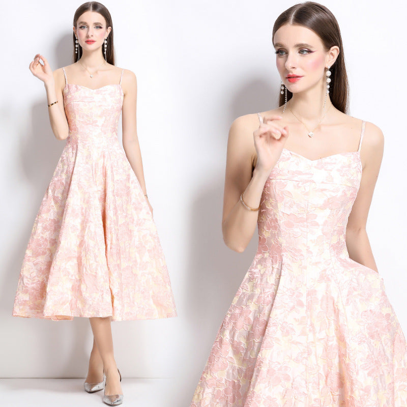 French Strap Dress Exquisite Jacquard Tight Waist A- Line Dresses