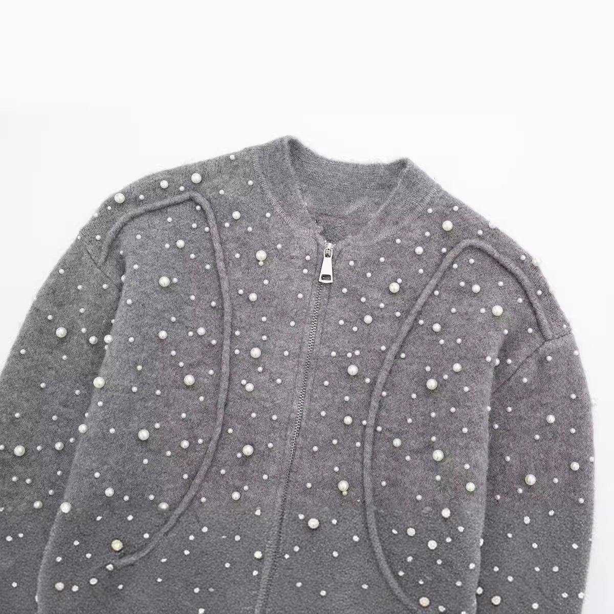 Trendy Autumn Decorated Pearls Knitted Bomber Jackets