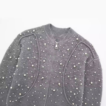 Trendy Autumn Decorated Pearls Knitted Bomber Jackets