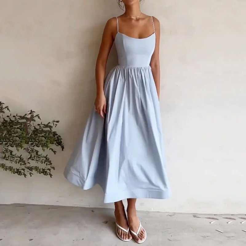Women's Dopamine Solid Color Suspender Dress Waist Pleated Dresses