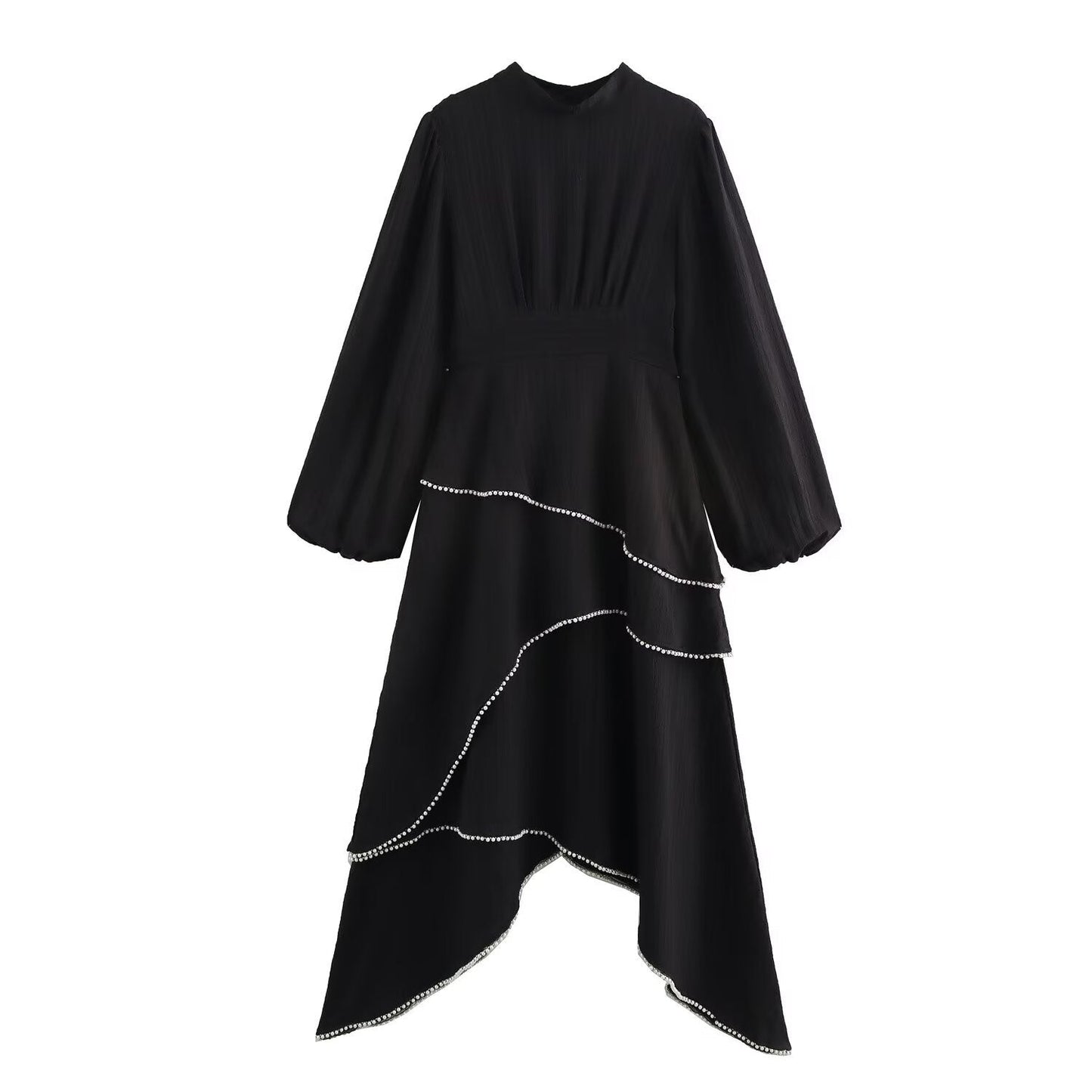Women's Spring Black Long Sleeve Irregular Pearl Dresses