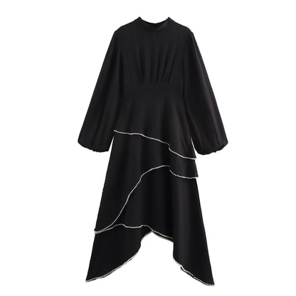 Women's Spring Black Long Sleeve Irregular Pearl Dresses