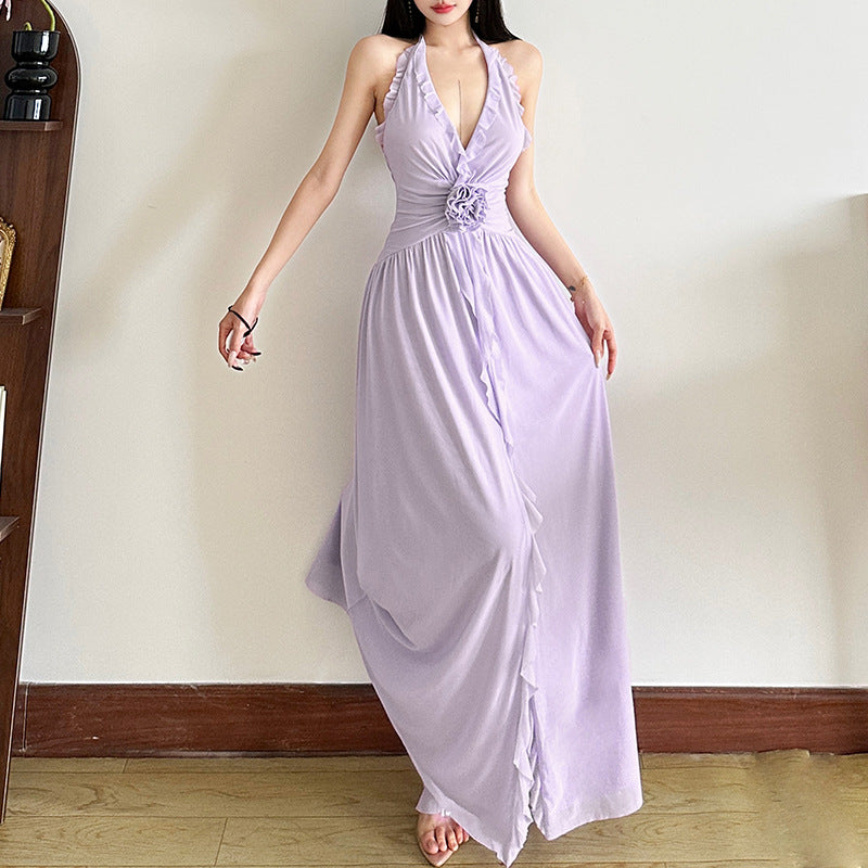 Women's Print Split Sleeveless Slimming Halter Deep Dresses