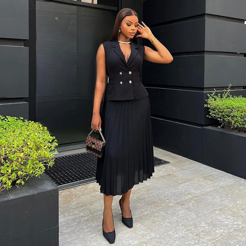 Women's Summer Elegant Collar Double Breasted Pleated Suits