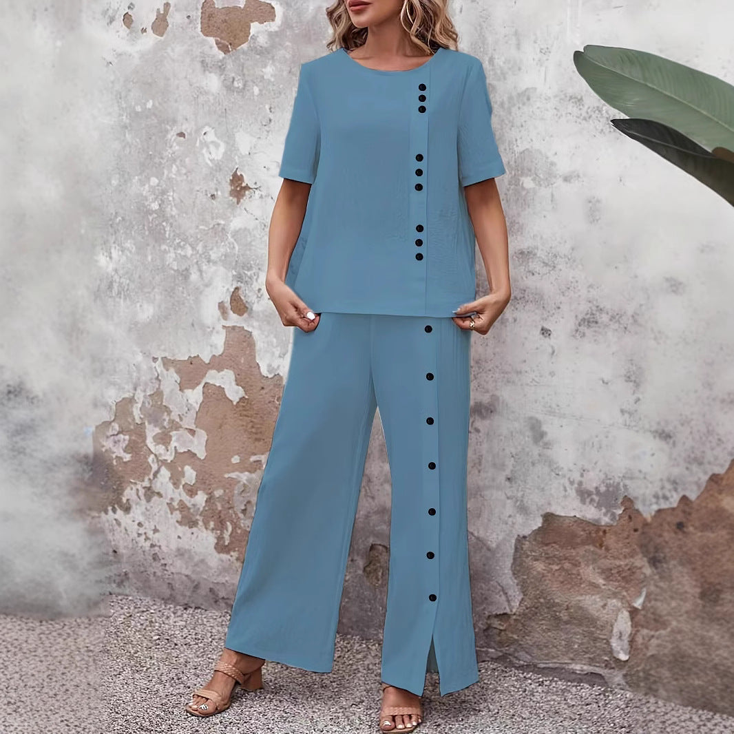 Women's Linen Fashion Casual Loose Two-piece Sleeve Button Suits