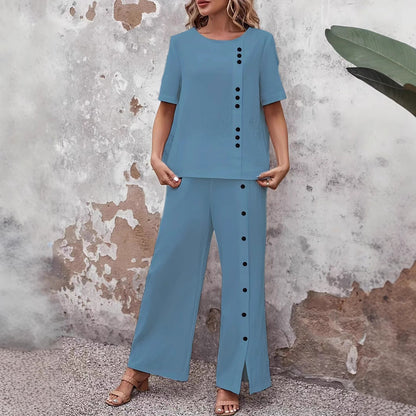 Women's Linen Fashion Casual Loose Two-piece Sleeve Button Suits