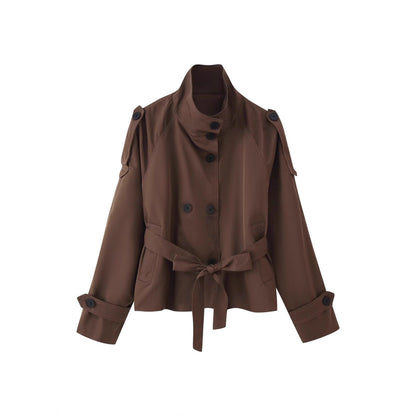 Women's Collar Long Sleeve Double Breasted Knotted Pocket Casual Coats