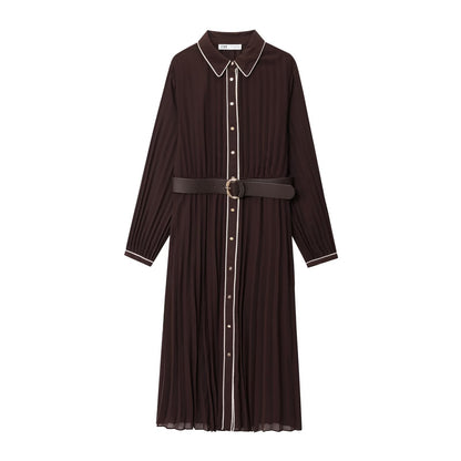 Women's Autumn Temperament With Belt Pleated Midi Dresses