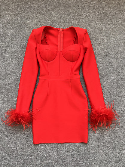 Women's Fashion Temperament Long Sleeve Tight Feather Dresses