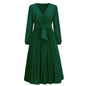 Women's Long Sleeve Pleated Belt Dress A- Dresses