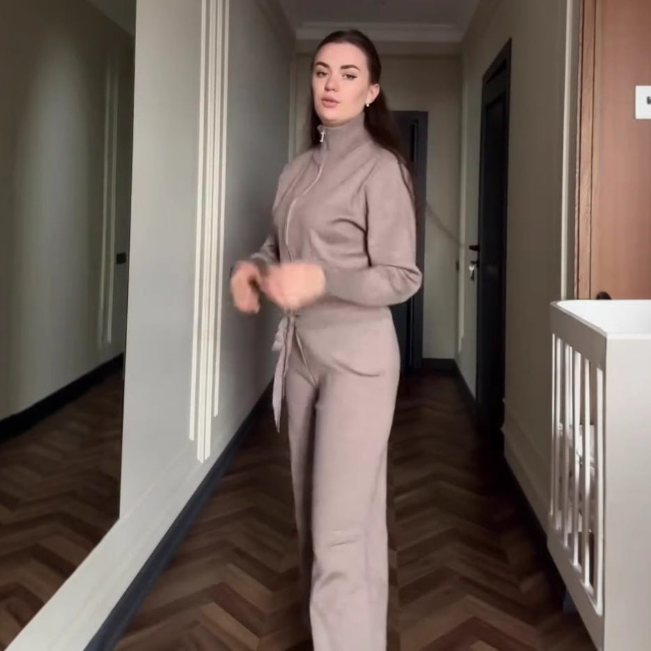 Women's Solid Color Slim Fit Knitted Trousers Suits